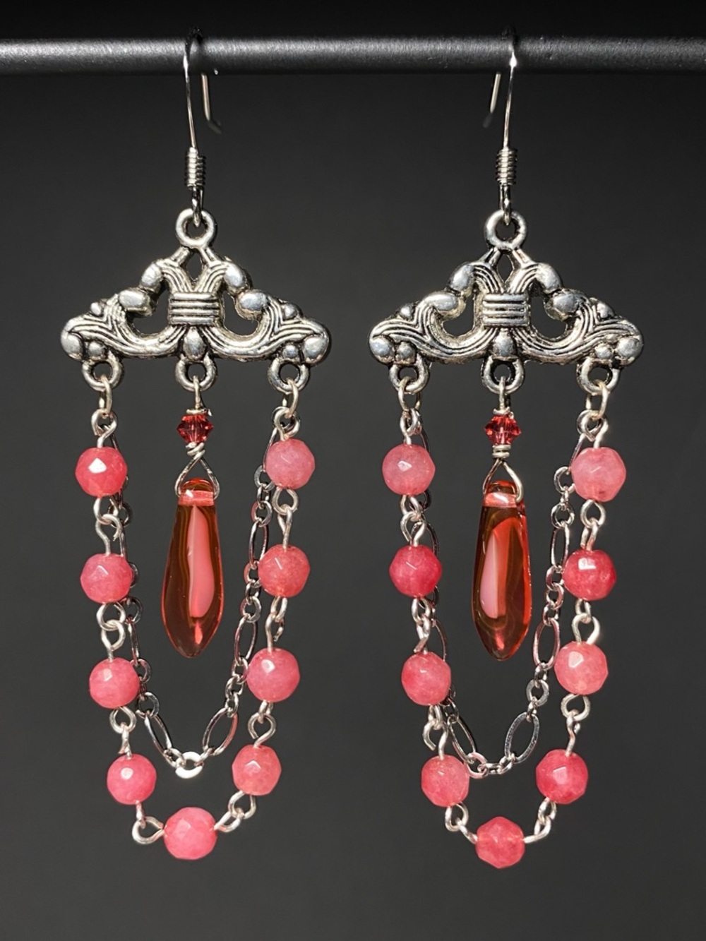 Handmade Pink Jade & Swarovski Chandelier Handmade Earrings